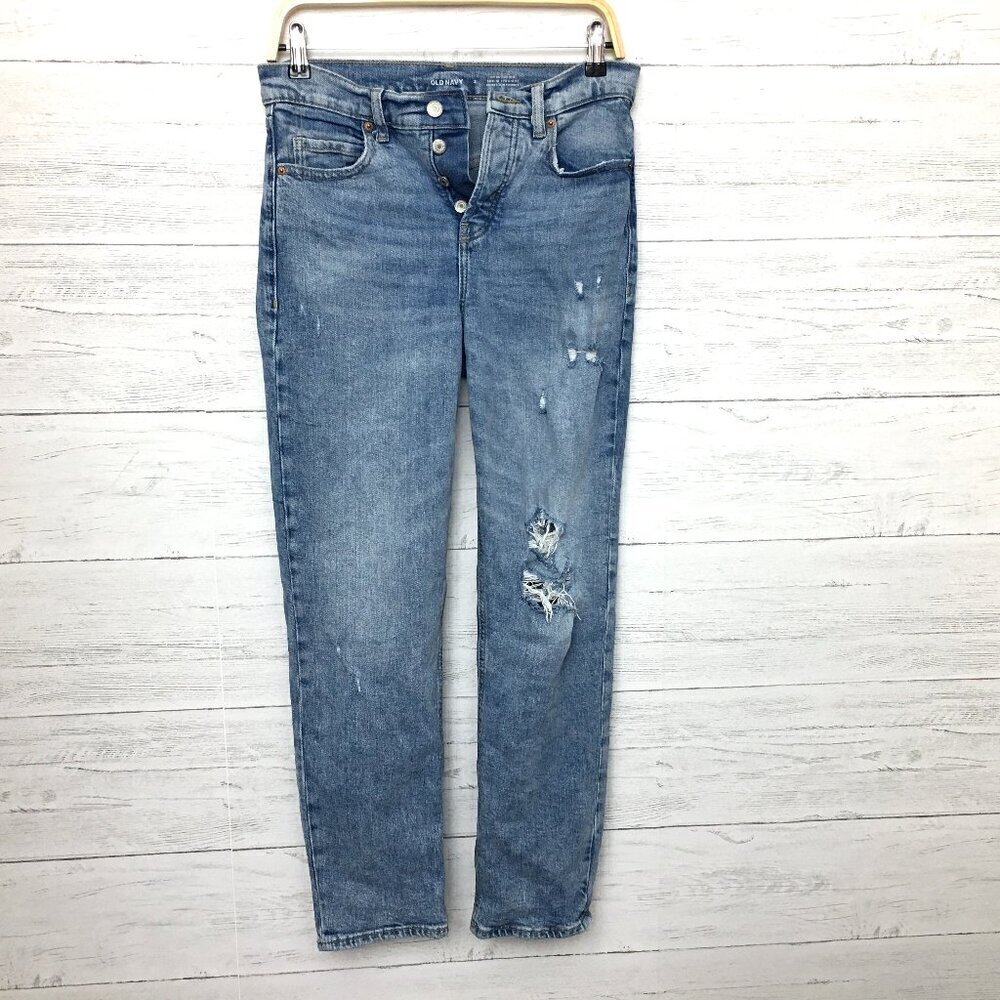 Old Navy Women's Jeans Sky High Straight Leg Light Wash Button Fly Distressed 2